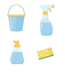 Flat Vector Icons of Blue Cleaning Supplies
