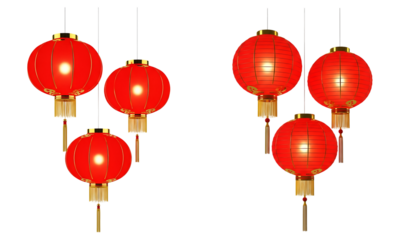 Collection of traditional red chinese lanterns with gold accents, isolated on transparent background