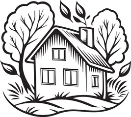 Vector illustration of a residential house with green trees featuring a modern architectural design with a classic roof, windows, and door set in a peaceful suburban landscape sketch