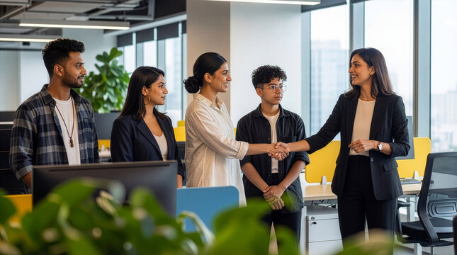 Corporate onboarding and recruitment handshake with diverse team in workspace - Powered by Adobe