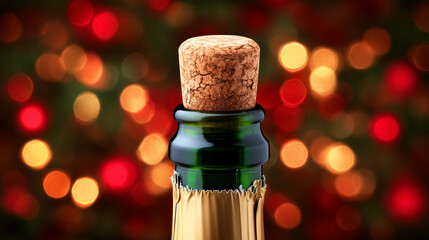 Close-up of champagne bottle cork with gold foil and festive red and gold bokeh background
