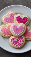 Heart shaped sugar cookies with pink icing and sprinkles on white plate