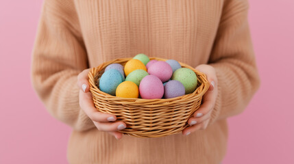 Girl holding wicker basket full of colorful Easter eggs on pink background