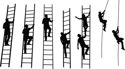 Black silhouettes of people climbing ladders and a rope © Olaja Vector Vision