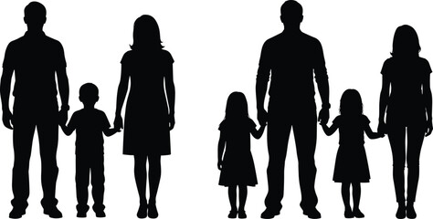 Family silhouettes holding hands together, parents and children standing unity concept, happy household isolated black vector illustration on white background