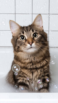 Cute fluffy tabby cat sitting in bathtub with soap bubbles