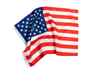 United states of America flag fabric waving, displaying national red stripes, white stars on blue, isolated background on transparent