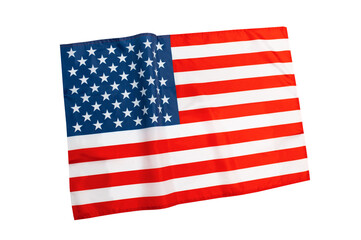 United states of America flag fabric waving, displaying national red stripes, white stars on blue, on background isolated transparent