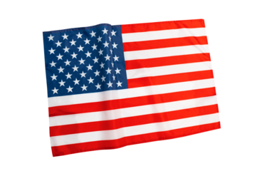 United states of America flag fabric waving, displaying national red stripes, white stars on blue, on background isolated transparent