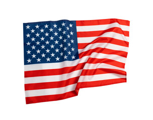 United states of America flag fabric waving, displaying national red stripes, white stars on blue, background on isolated transparent