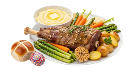 A plate of roasted lamb leg with mashed potatoes, carrots, asparagus, and a cross bun on a white plate with a decorative egg and a decorative cross on the side.