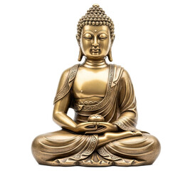 A golden Buddha statue in a meditative pose against a white background.