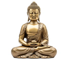 A golden Buddha statue in a meditative pose against a white background.