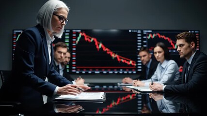 Senior executive leads boardroom meeting. Woman and team review stock data and strategy. Corporate finance and investment risks are discussed with charts. Colleagues analyze market decline charts. - Powered by Adobe