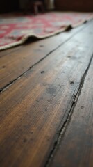 A vertical close-up of a rustic wooden floor with a matte finish and deep grooves between the planks. The texture of the wood is emphasized by soft ambient lighting, revealing its rough, handcrafted 