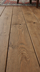  A vertical close-up of a rustic wooden floor with a matte finish and deep grooves between the planks. The texture of the wood is emphasized by soft ambient lighting, revealing its rough, handcrafted 