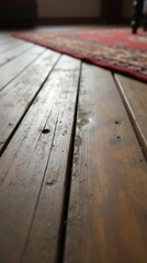  A vertical close-up of a rustic wooden floor with a matte finish and deep grooves between the planks. The texture of the wood is emphasized by soft ambient lighting, revealing its rough, handcrafted 