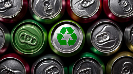 Aluminum can recycling concept with green recycle symbol on beverage cans for sustainable waste management and eco friendly packaging solution