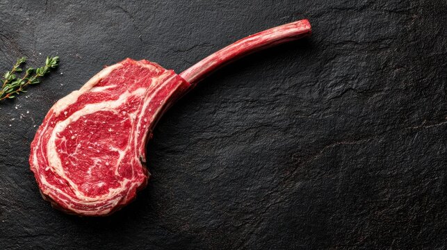 Raw tomahawk steak with herb garnish on dark slate surface.