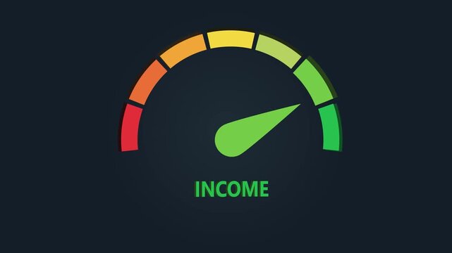 A digital income gauge displaying a high level of income with the needle in the green section against a dark background, symbolizing financial success.