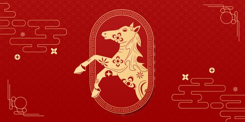 	
Happy Chinese new year 2026 , modern design set in red, gold and white colors , Year of the horse zodiac , Asia oriental traditional ornament, frame and border ,