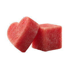 Heart shaped Frozen Smoothie Cube Next to a Square Fruit Piece on Black