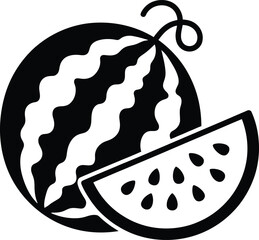 Black and white illustration of a whole and sliced watermelon