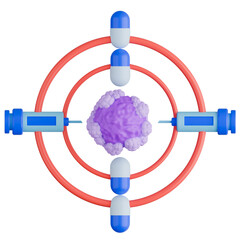 3D medical illustration showing drug capsules and syringes aligned like crosshair or target aiming at a central tumor. Represents targeted therapy.