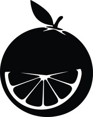 Black and white illustration of a cut orange