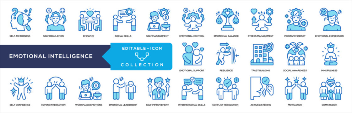 Emotional Intelligence Blue Icon Collection. Containing self awareness, self regulation, social skills, self management, emotional control, emotional balance, stress management, positive mindset, emot