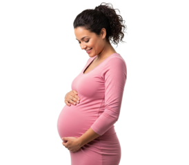 A pregnant woman in a pink dress, holding her belly, against a white background.