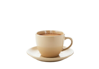 Obraz premium Classic beige ceramic teacup with milky English breakfast tea and rising steam, on matching saucer against a seamless transparent background with copy space. Concept of comfort and warmth