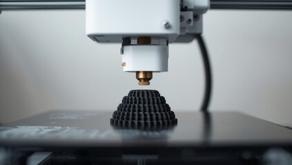 Low-angle close-up of a white 3D printer nozzle creating a black model on the build plate. Themes: product design, STEM, technology, maker culture