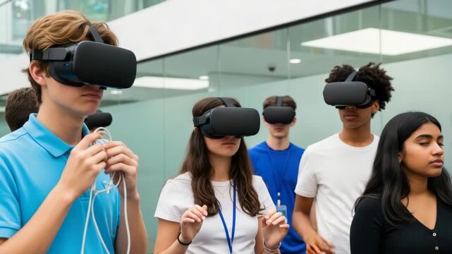 Immersive VR Experience: A group of individuals is immersed in a virtual reality experience, using VR headsets and controllers to explore and interact with a simulated environment. 
