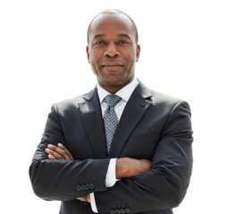 A confident African American businessman in a suit and tie, standing with his arms crossed, against a white background.