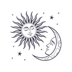 Sun and Moon Vector Illustration on White Background