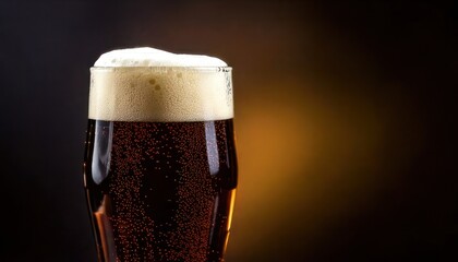 Refreshing pint of dark beer with creamy foam head.