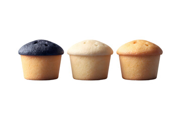 Three Delicious Mini Muffins with Different Flavored Tops on a Transparent Background