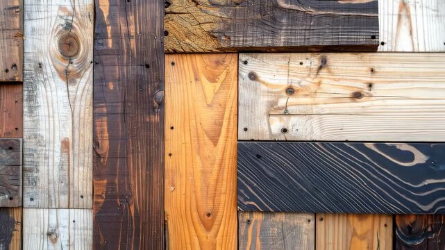 Rustic wooden wall with various colors and textures, creating a unique pattern.