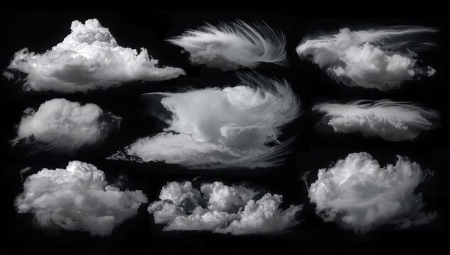 Lone cloud display on dark backdrop. Various cloud forms. Artistic. Mist. Haze. Abstract. White fluffy textures