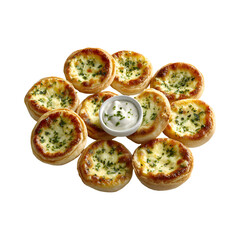Mini Quiches with Melted Cheese and Fresh Herbs, Arranged Around Dipping Sauce