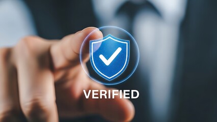 Finger touching verified shield icon with checkmark and text security authentication