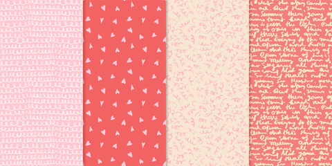 Cute romantic hearts, loops brush scribbles and handwriting vector seamless pattern set in pink and red tones for Valentine's Day graphic design and backgrounds