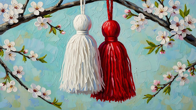 Traditional bulgarian martenitsa tassels hanging on blooming cherry branch