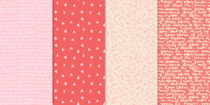 Cute romantic hearts, loops brush scribbles and handwriting vector seamless pattern set in pink and red tones for Valentine's Day graphic design and backgrounds