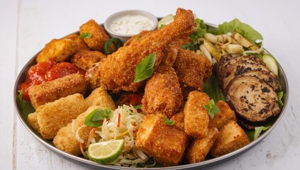 Fototapeta premium Indonesian ayam Penyet features fried chicken served with tomato sauce, fried tempeh, tofu, eggplant, cabbage, cucumber, and lemon basil