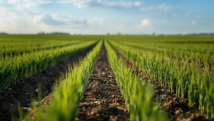 Fototapeta premium Lively green wheat sprouts form a thick blanket in the field, with delicate stems rising from fertile earth in orderly lines reaching out to the skyline