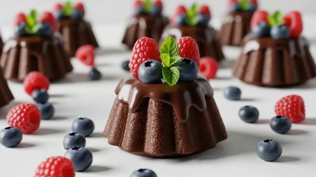 Decadent Delight: Rows of miniature chocolate cakes, adorned with fresh berries and a sprig of mint, offer a tantalizing glimpse into a world of sweetness and indulgence. 