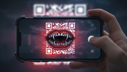 Hand holding smartphone scanning QR code revealing monstrous mouth with sharp teeth QR code