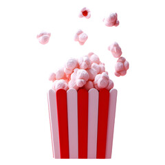 Pink Popcorn in Striped Box with Floating Pieces on Transparent Background
